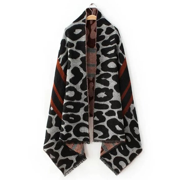 Zara Reversible Blanket Scarf – Burgundy, Black & Grey Leopard Print - Picture 1 of 2